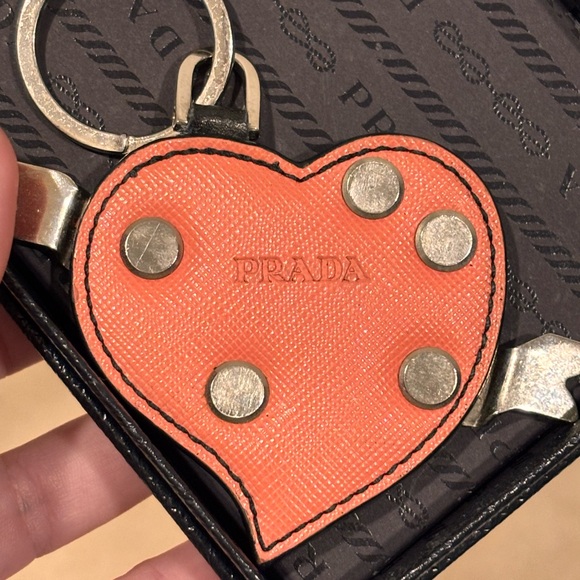 Prada Saffiano ‘Trick’ Coral Leather Studded Heart Keychain W/ Box - Picture 4 of 16